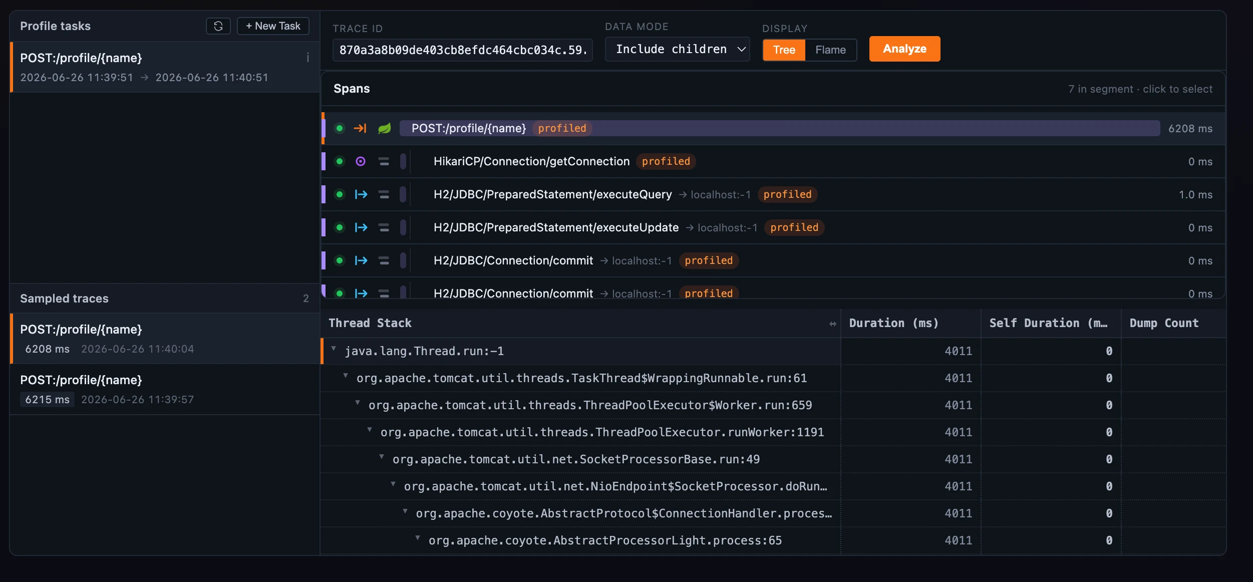 图 2：同一份分析结果的 Tree 视图：缩进的 stack 表展示每个方法的 total/self duration 和 dump count，并可逐帧展开。